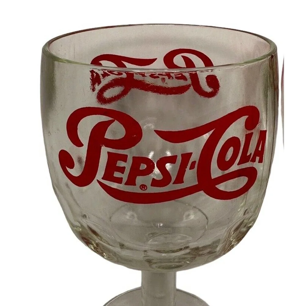 Vintage‎ Pair of Retro Logo PEPSI COLA Soda Fountain Thumbprint Glass Goblets
